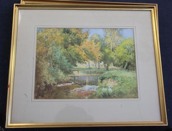 Henry Sylvester Stannard (1870-1951) Church in a landscape and Weir beneath trees 10.5 x 14.75in.